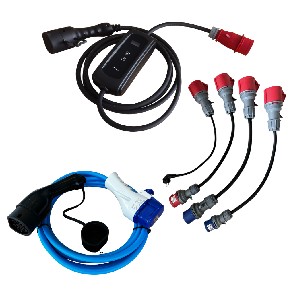 Reiselader type 2 til CEE, schuko & type 3 opp til 22 kW komplett sett (inkl. veske) Ladekabel